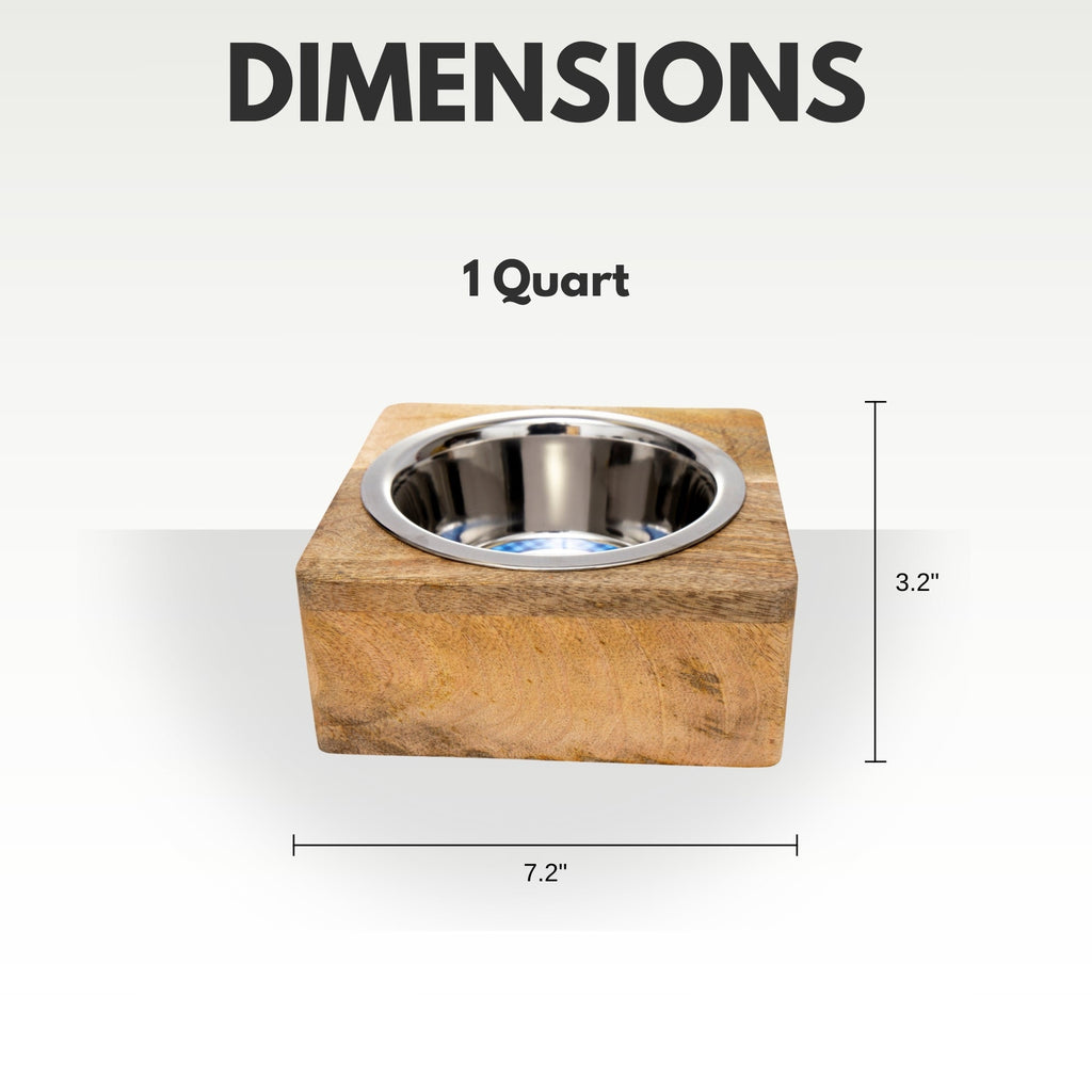 Country Living Elegant Stainless Steel Dog Bowl with Square Mango Wood Holder – 1 Quart